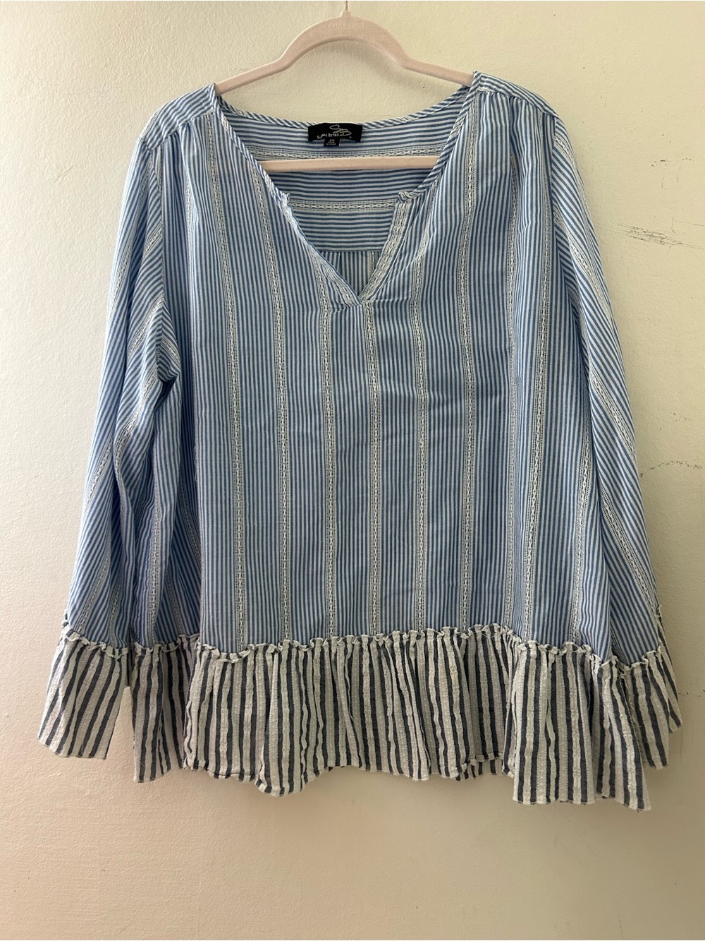 Suzanne Betro Blue and White Striped Ruffle-Hem Tunic